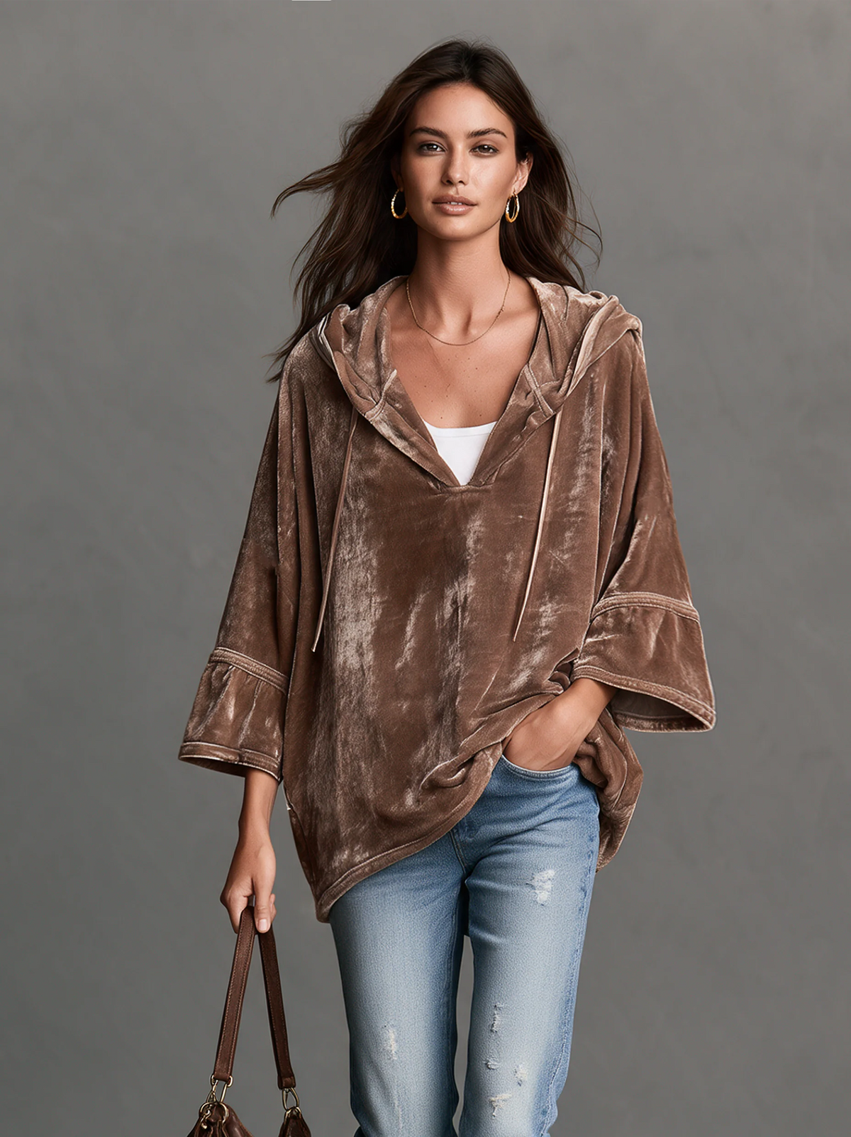 Brown Velvet Long-Sleeve Hoodie