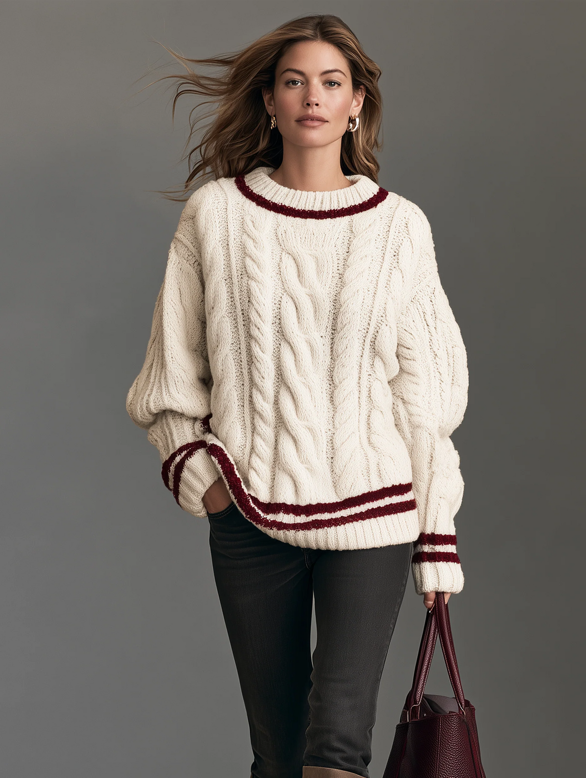 Casual Cable-Knit Long-Sleeve Crew-Neck Sweater