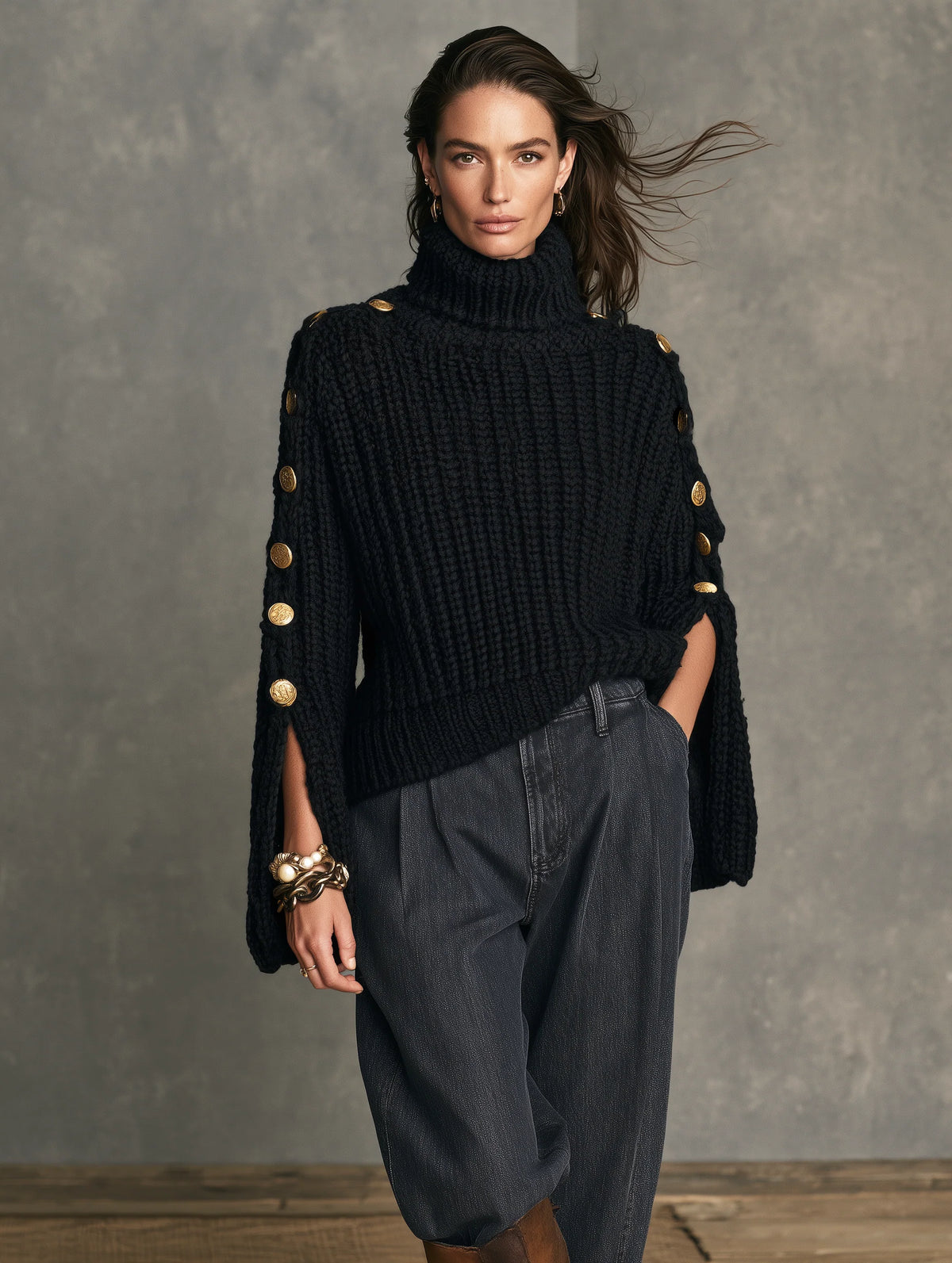 Black Long-sleeve Turtleneck Knit Sweater