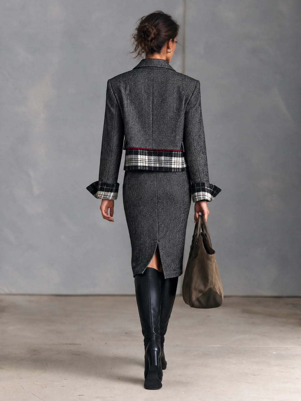 Herringbone Blazer & Plaid Pencil Skirt Set