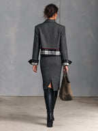 Herringbone Blazer & Plaid Pencil Skirt Set