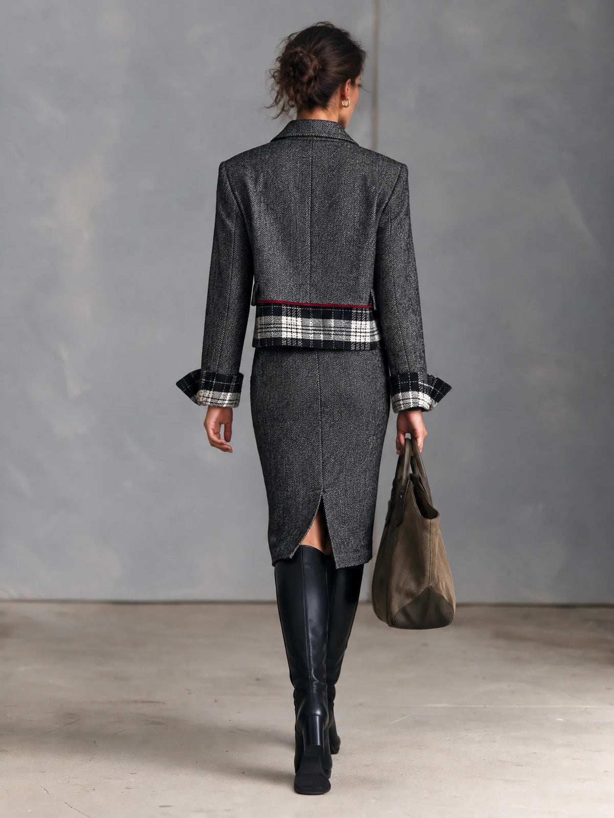 Herringbone Blazer & Plaid Pencil Skirt Set