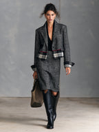 Herringbone Blazer & Plaid Pencil Skirt Set