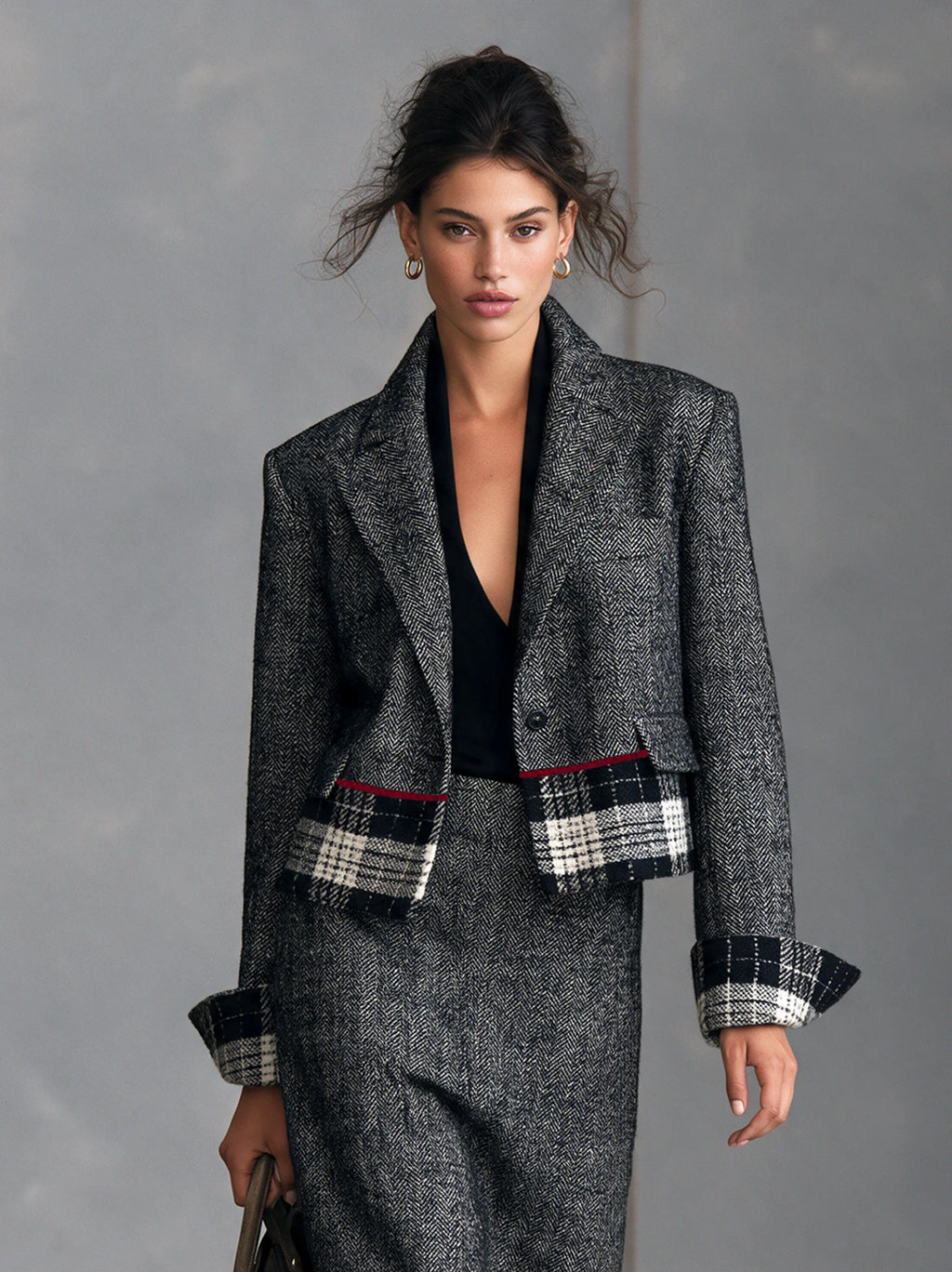 Herringbone Blazer & Plaid Pencil Skirt Set
