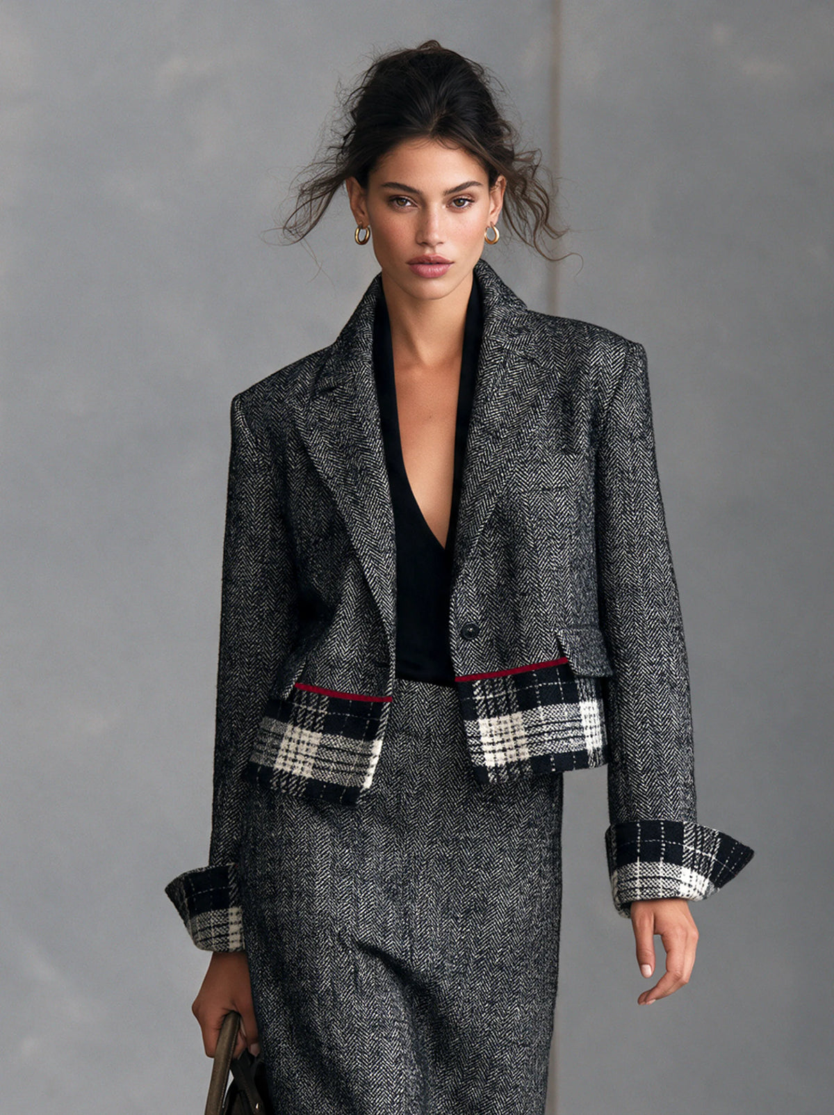 Herringbone Blazer & Plaid Pencil Skirt Set