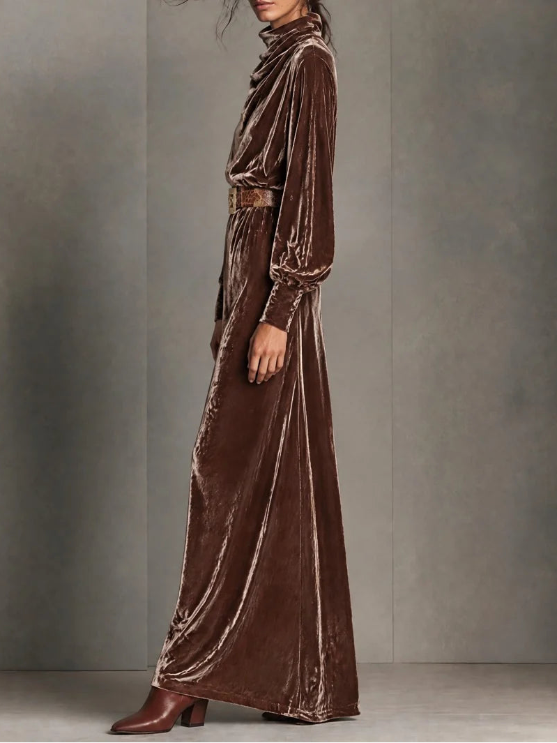 Vintage Velvet Long-Sleeve Dress With Cowl Neck (Belt Not Included)