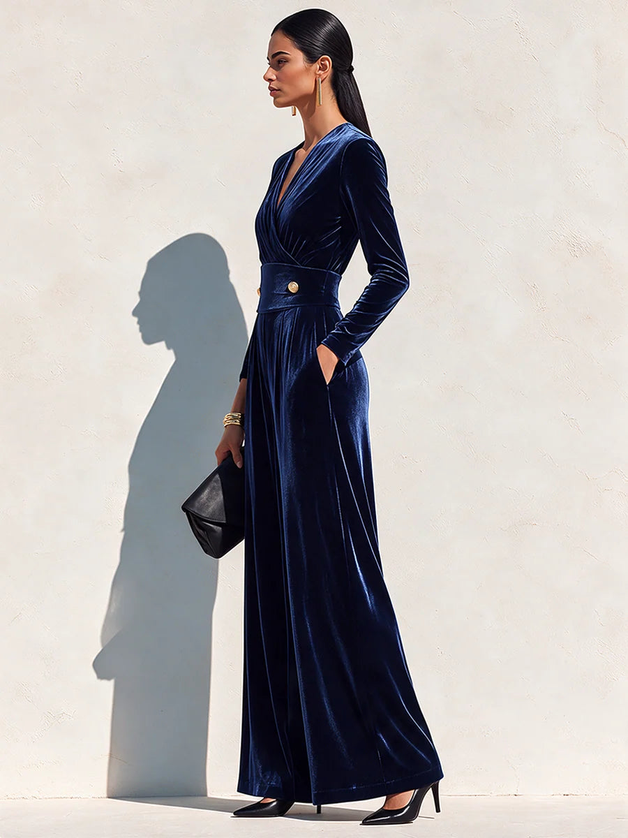 Luxury Velvet Wide-Leg Jumpsuit With Defined Waist