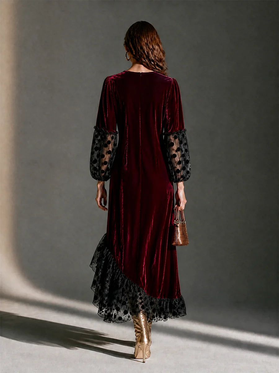 V-Neck Blouson-Sleeve Polka-Dot Mesh Velvet Maxi Dress