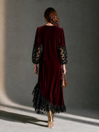 V-Neck Blouson-Sleeve Polka-Dot Mesh Velvet Maxi Dress