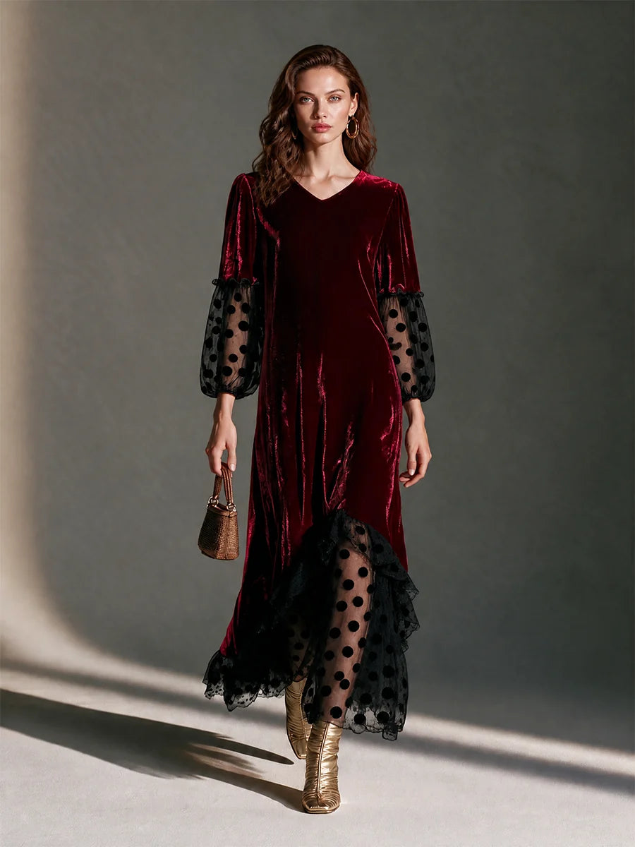 V-Neck Blouson-Sleeve Polka-Dot Mesh Velvet Maxi Dress
