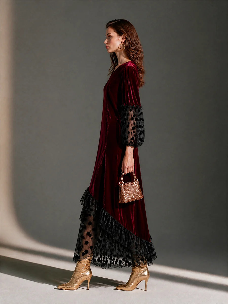 V-Neck Blouson-Sleeve Polka-Dot Mesh Velvet Maxi Dress