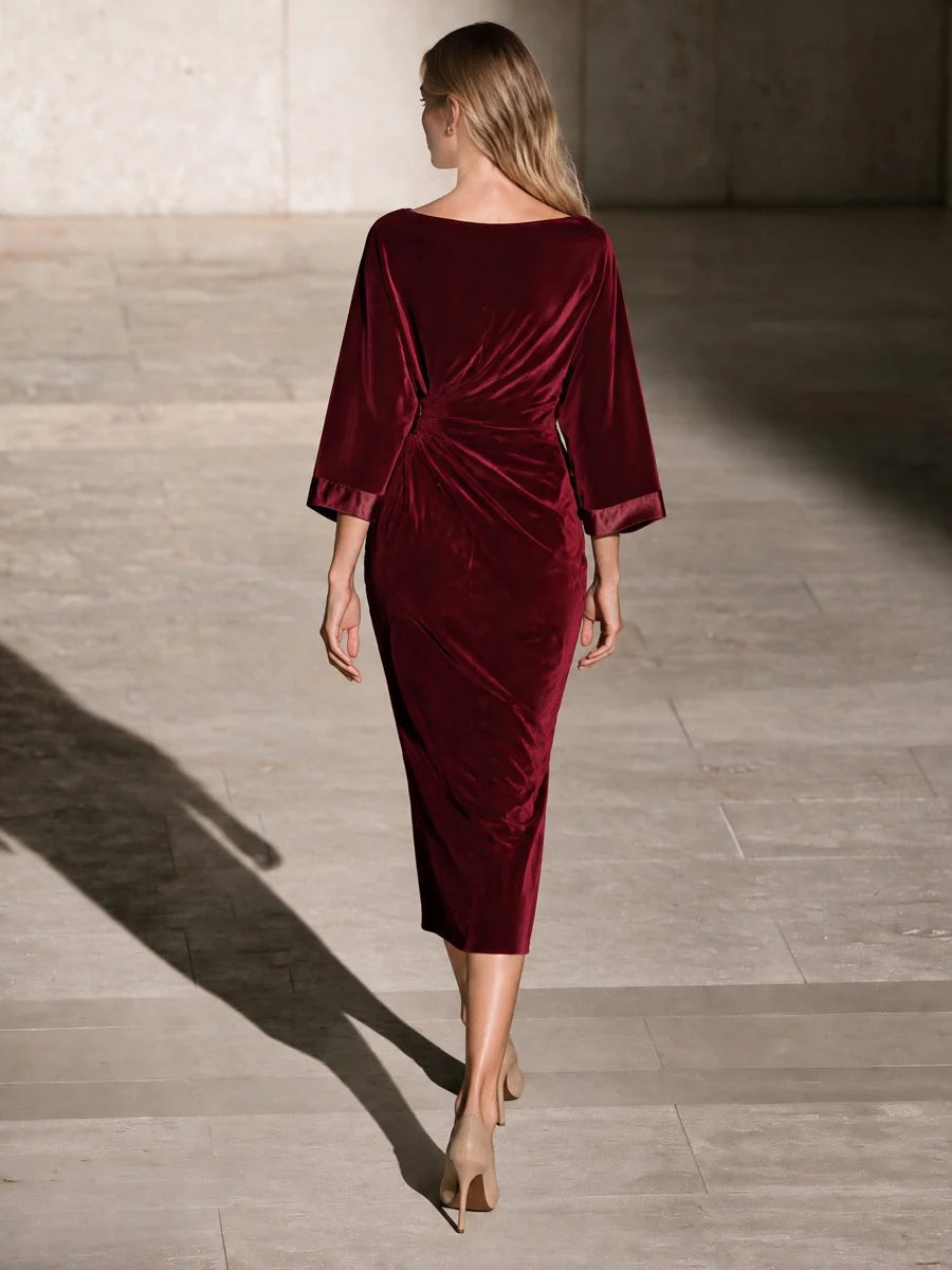 Burgundy Velvet Draped Midi Dress