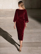 Burgundy Velvet Draped Midi Dress