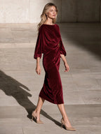 Burgundy Velvet Draped Midi Dress