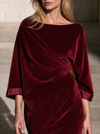 Burgundy Velvet Draped Midi Dress