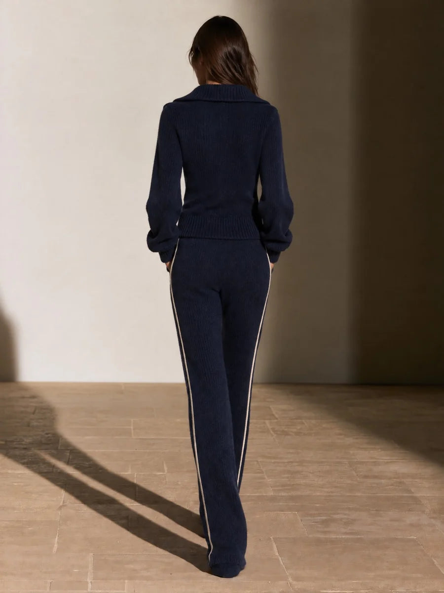Navy Ribbed Knit Zip-Up Side-Stripe Pants Set