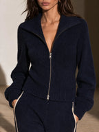 Navy Ribbed Knit Zip-Up Side-Stripe Pants Set