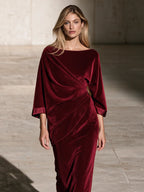 Burgundy Velvet Draped Midi Dress