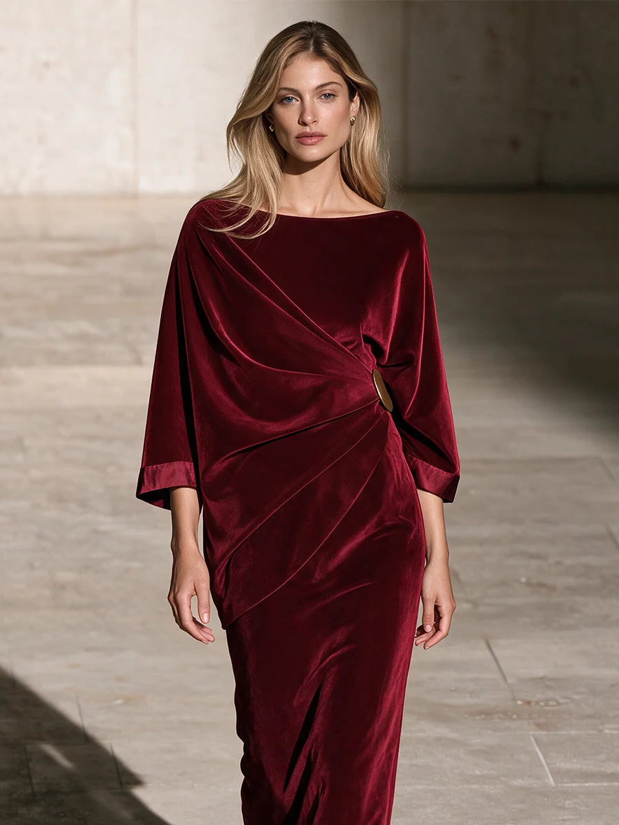 Burgundy Velvet Draped Midi Dress