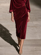 Burgundy Velvet Draped Midi Dress