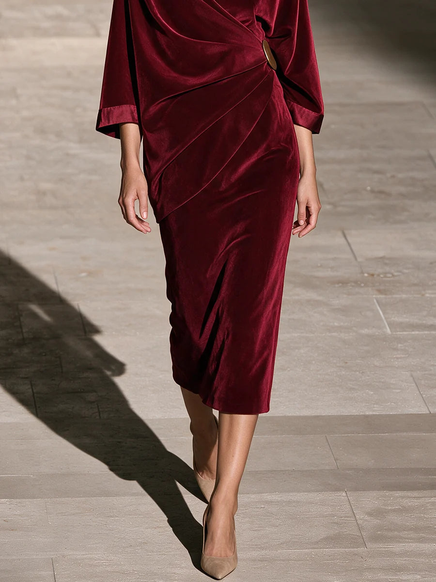 Burgundy Velvet Draped Midi Dress