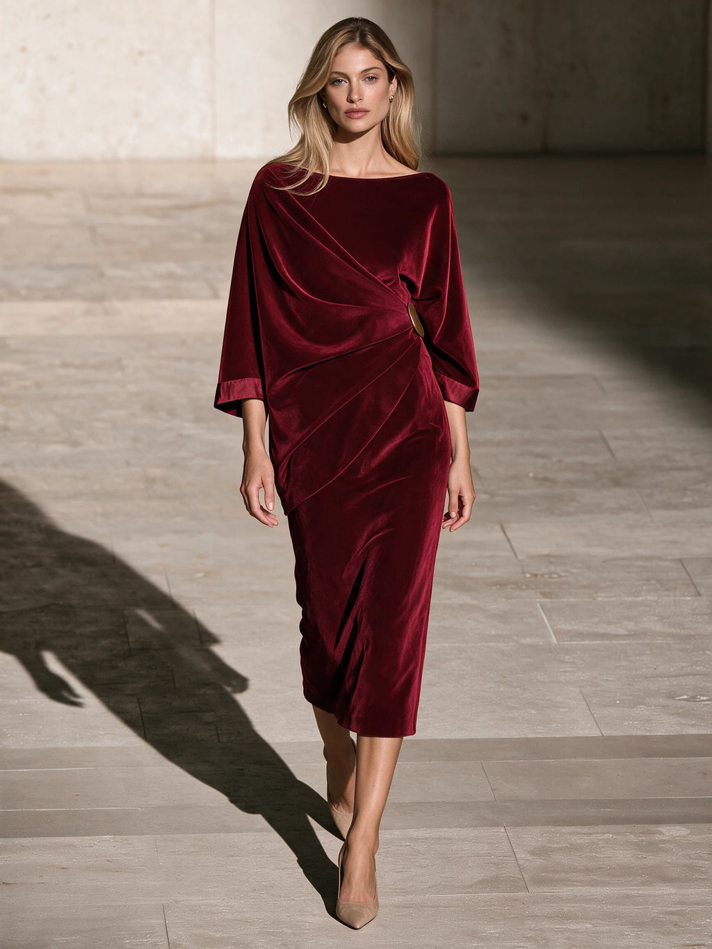 Burgundy Velvet Draped Midi Dress