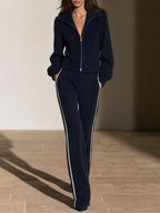Navy Ribbed Knit Zip-Up Side-Stripe Pants Set