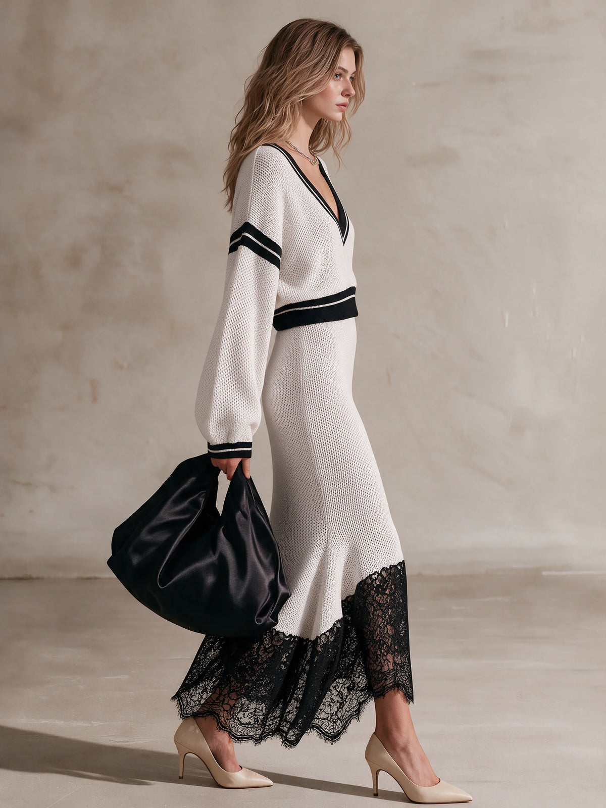 Stripe Trim Knit Top & Lace‑Hem Mermaid Midi Skirt Two‑Piece Set
