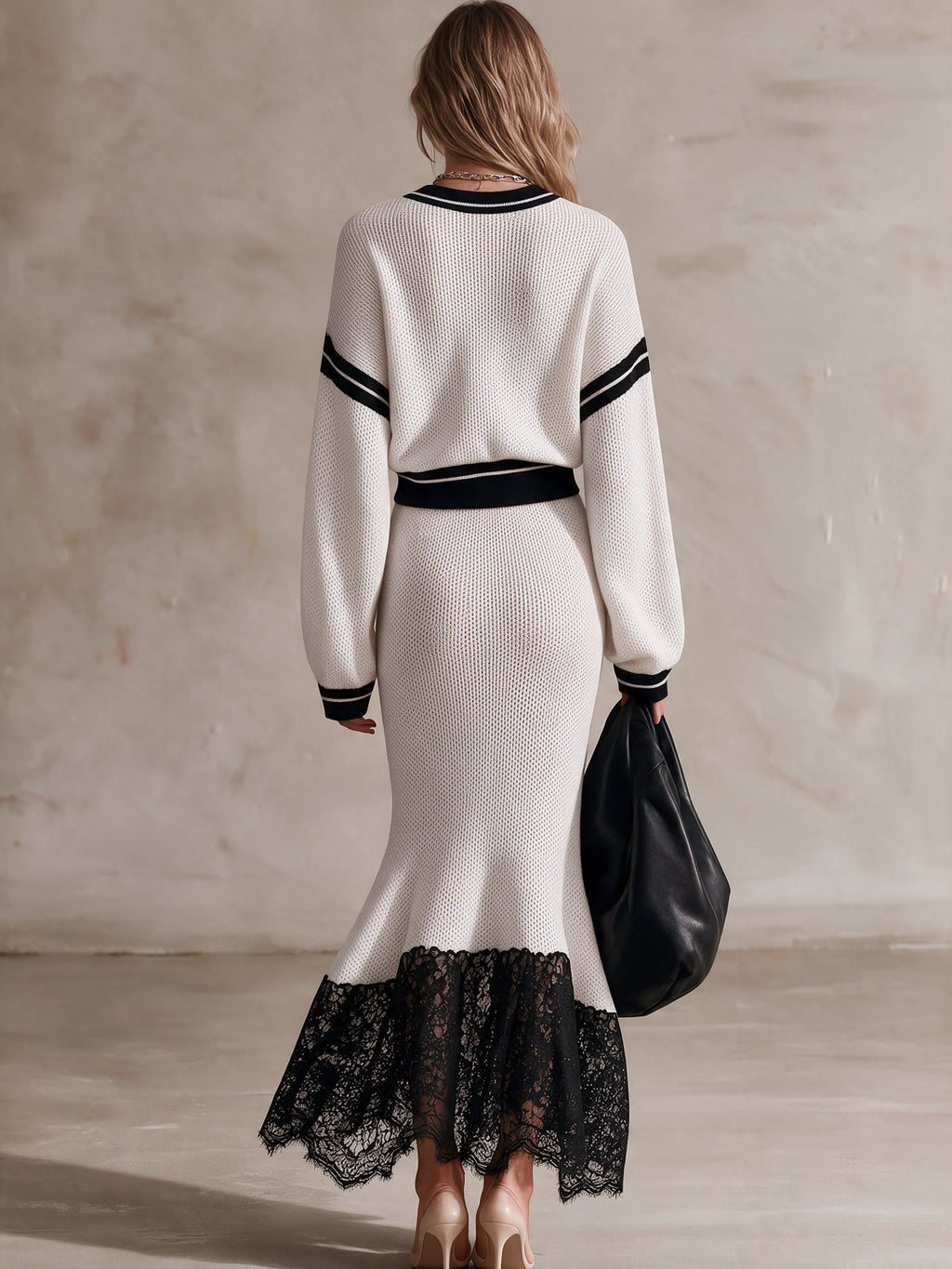 Stripe Trim Knit Top & Lace‑Hem Mermaid Midi Skirt Two‑Piece Set