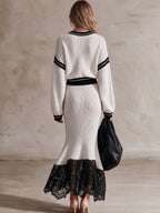 Stripe Trim Knit Top & Lace‑Hem Mermaid Midi Skirt Two‑Piece Set