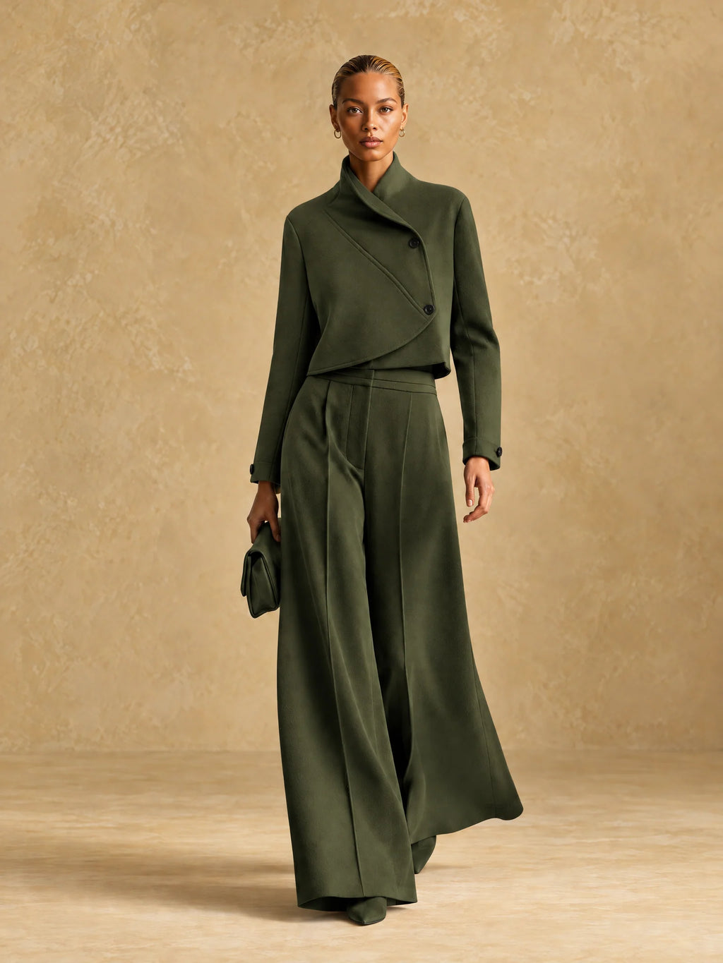 Asymmetric Cropped Jacket and Wide-Leg Trousers Set