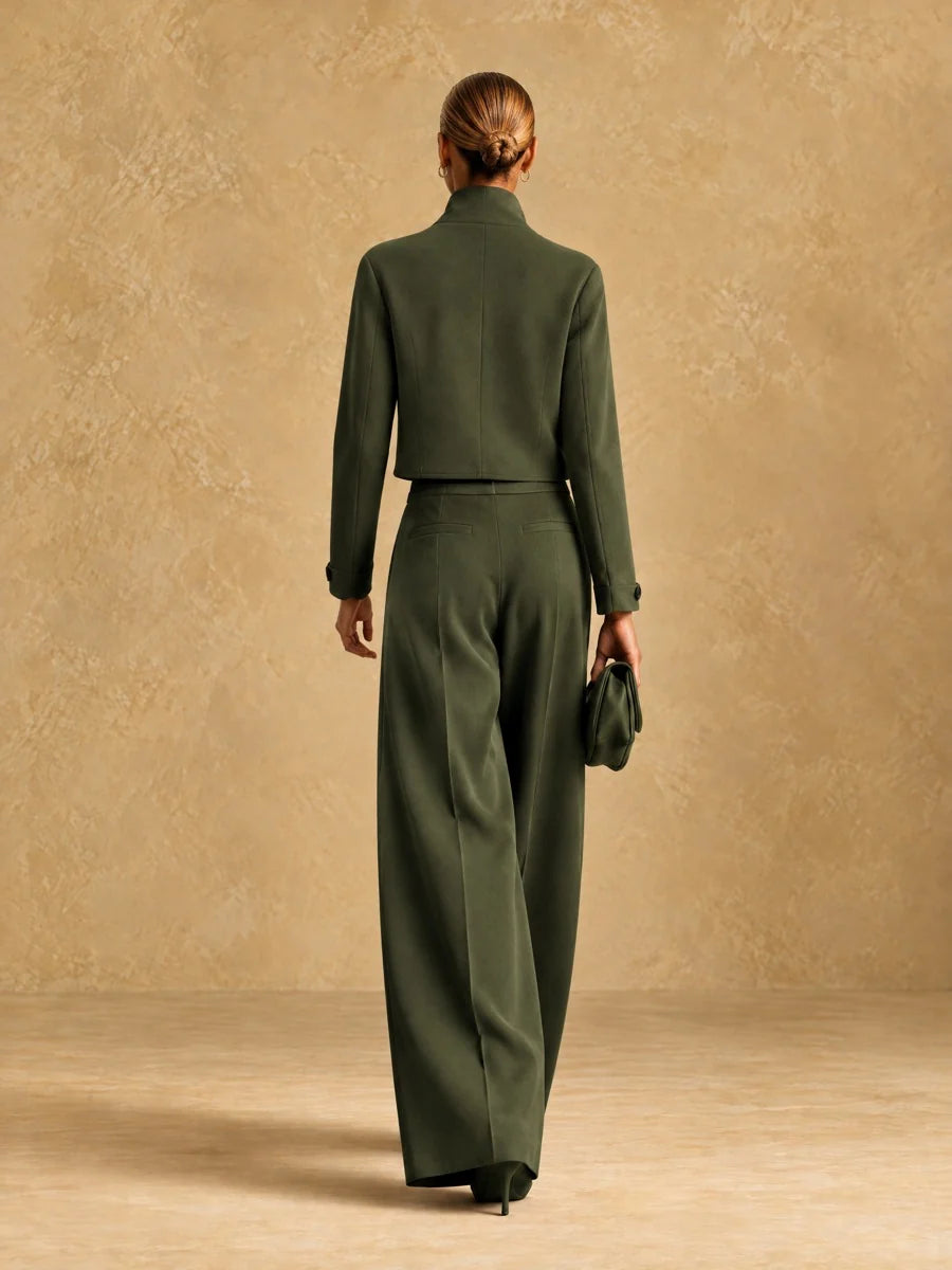 Asymmetric Cropped Jacket and Wide-Leg Trousers Set