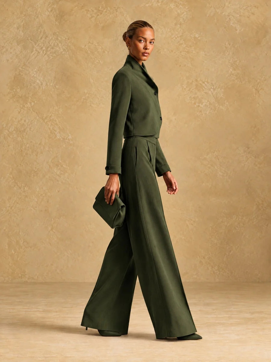 Asymmetric Cropped Jacket and Wide-Leg Trousers Set