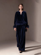 Navy Velvet Artificial Fur Trim Notch-Neck Drop-Shoulder Top And Wide-Leg Trousers Set