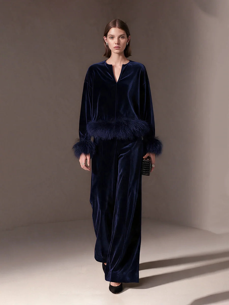 Navy Velvet Artificial Fur Trim Notch-Neck Drop-Shoulder Top And Wide-Leg Trousers Set