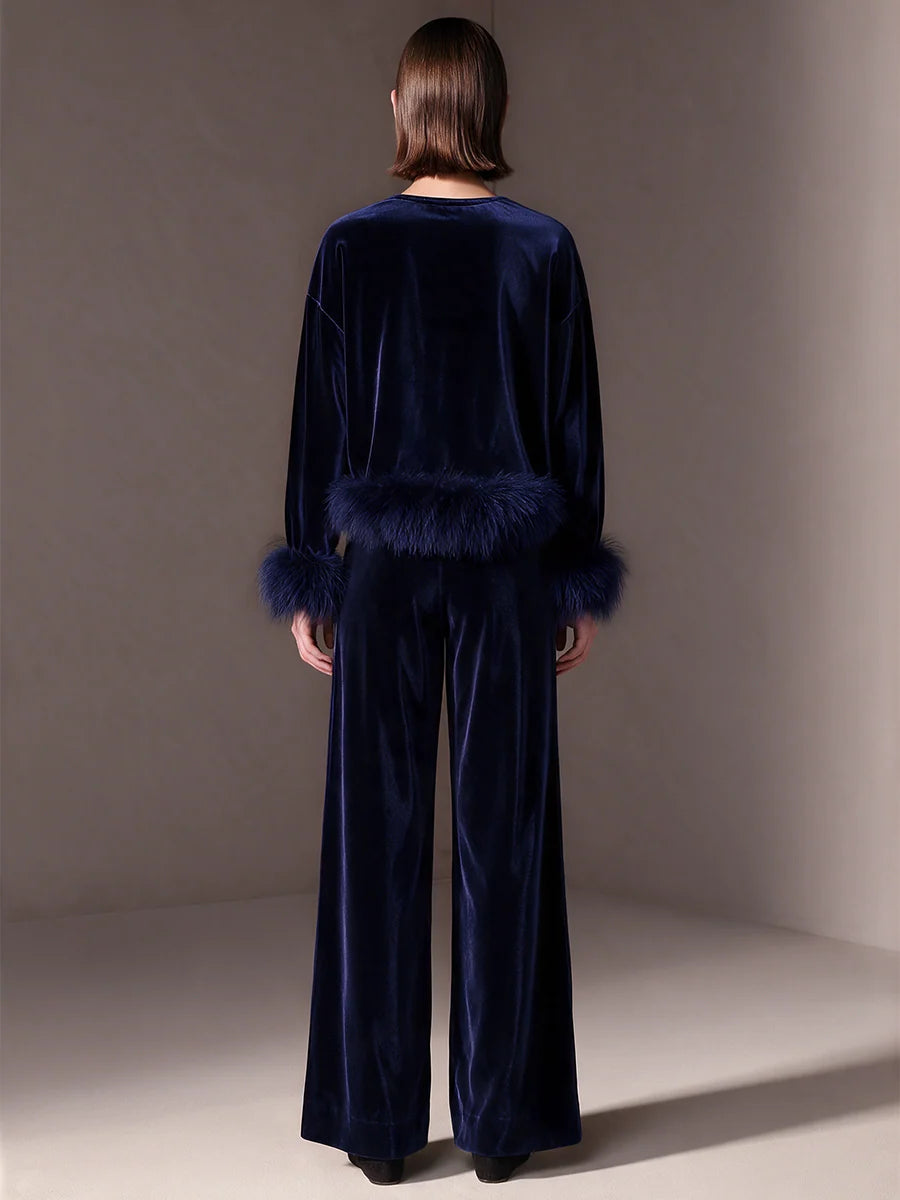 Navy Velvet Artificial Fur Trim Notch-Neck Drop-Shoulder Top And Wide-Leg Trousers Set