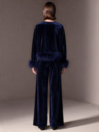 Navy Velvet Artificial Fur Trim Notch-Neck Drop-Shoulder Top And Wide-Leg Trousers Set