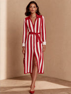 Striped Belted Casual Knit Midi Dress
