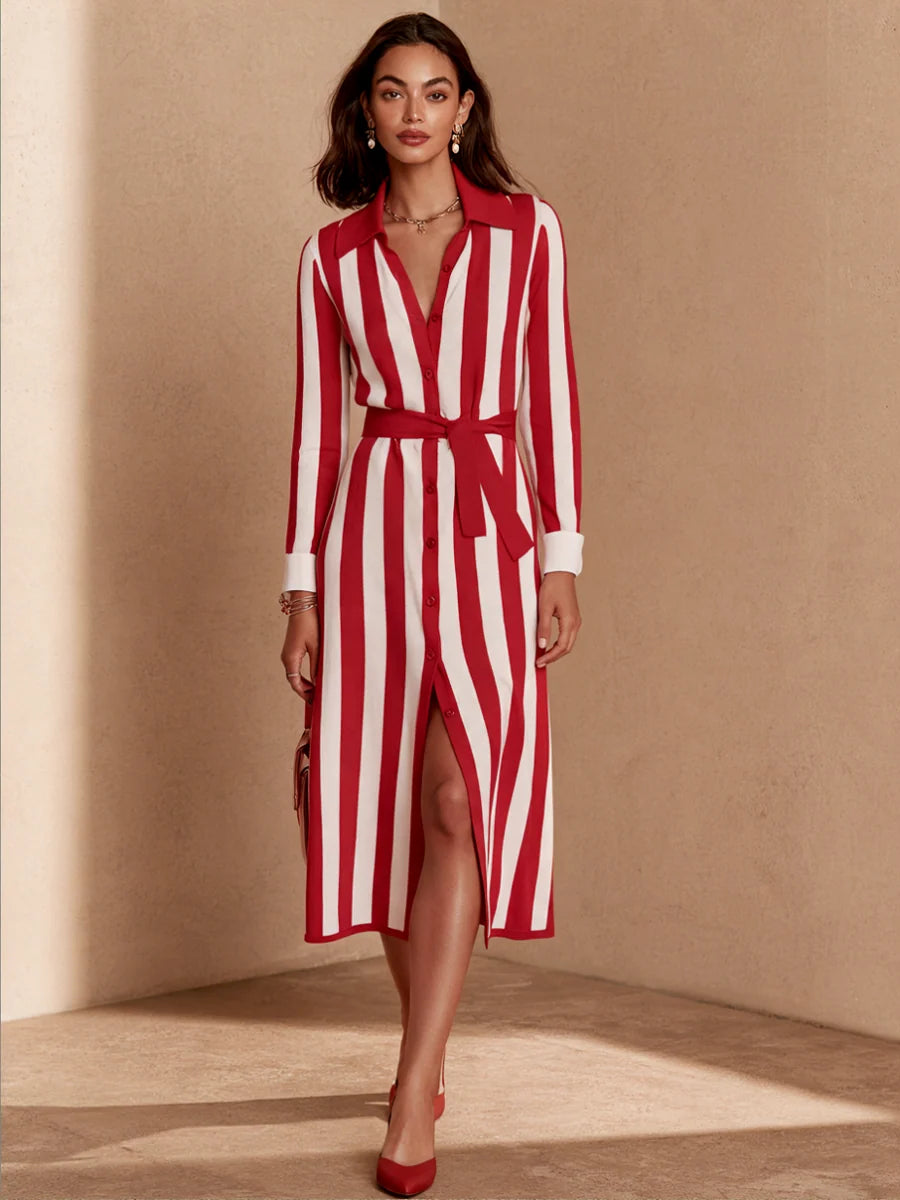 Striped Belted Casual Knit Midi Dress