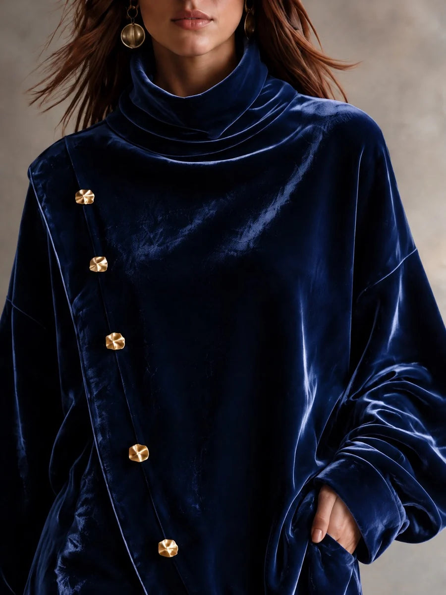 Velvet High-Neck Two-Piece Set with Asymmetric Metal Buttons