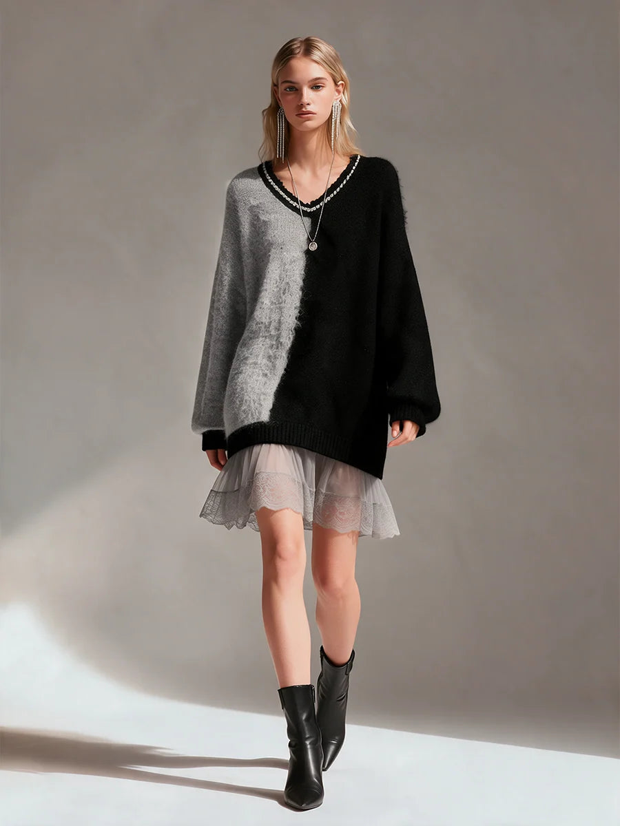 Color-Block V-Neck Wool Knit Mini Dress
