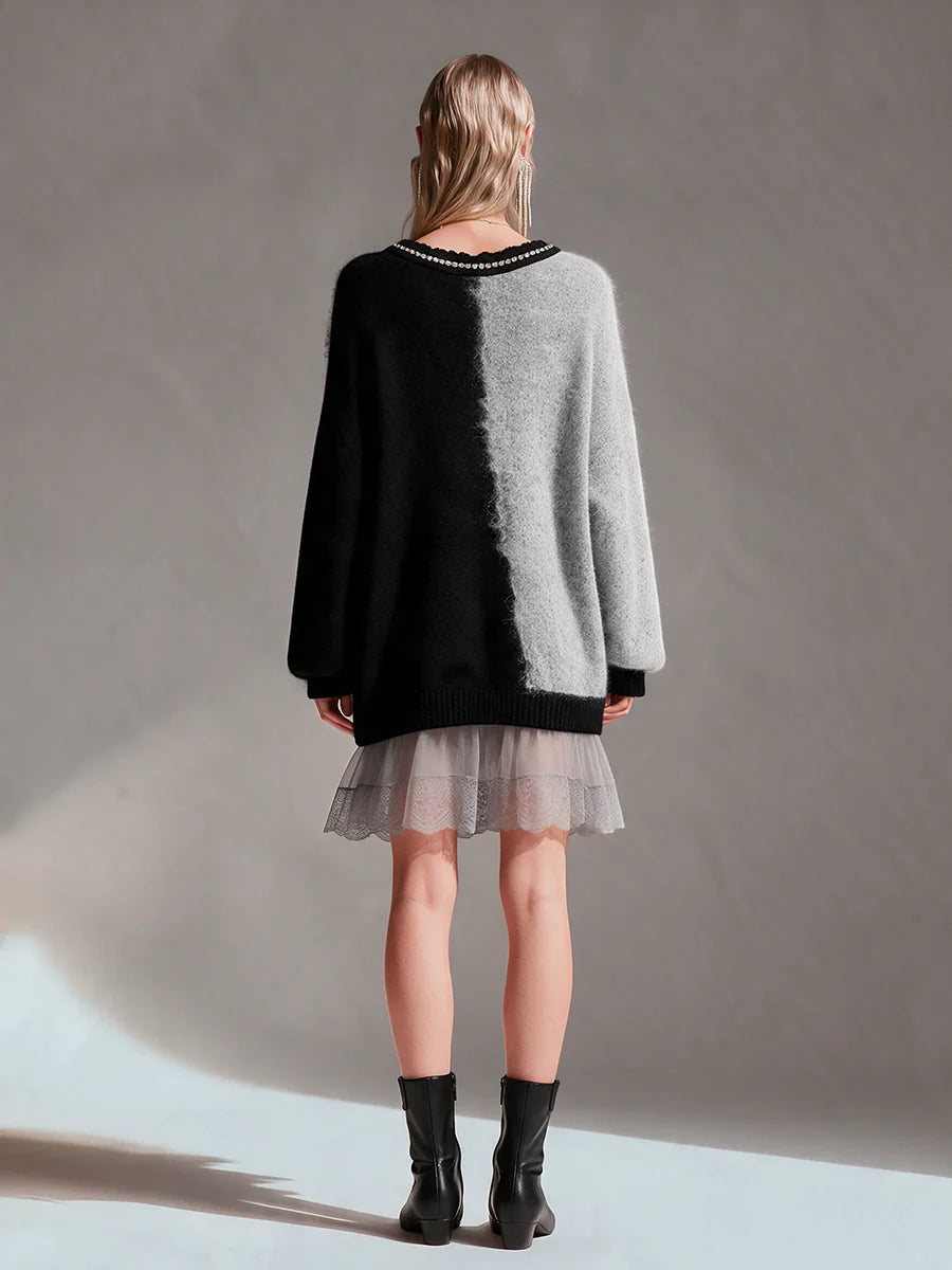 Color-Block V-Neck Wool Knit Mini Dress