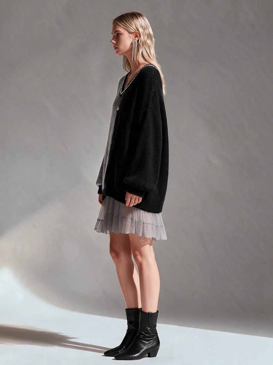 Color-Block V-Neck Wool Knit Mini Dress