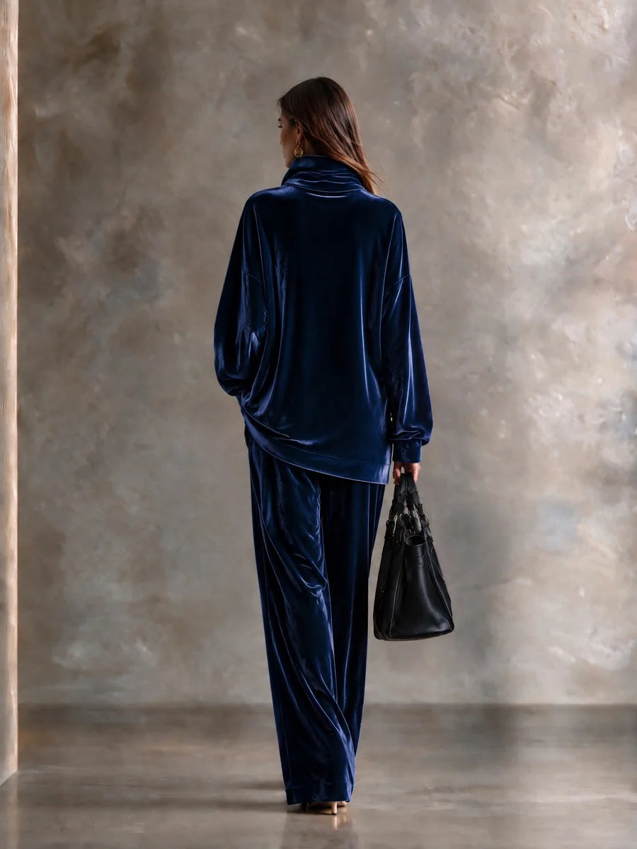 Velvet High-Neck Two-Piece Set with Asymmetric Metal Buttons