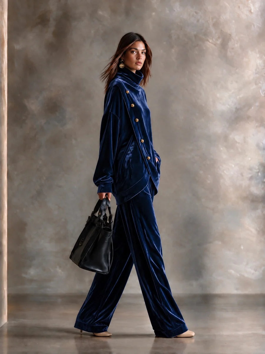 Velvet High-Neck Two-Piece Set with Asymmetric Metal Buttons