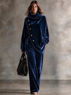 Velvet High-Neck Two-Piece Set with Asymmetric Metal Buttons