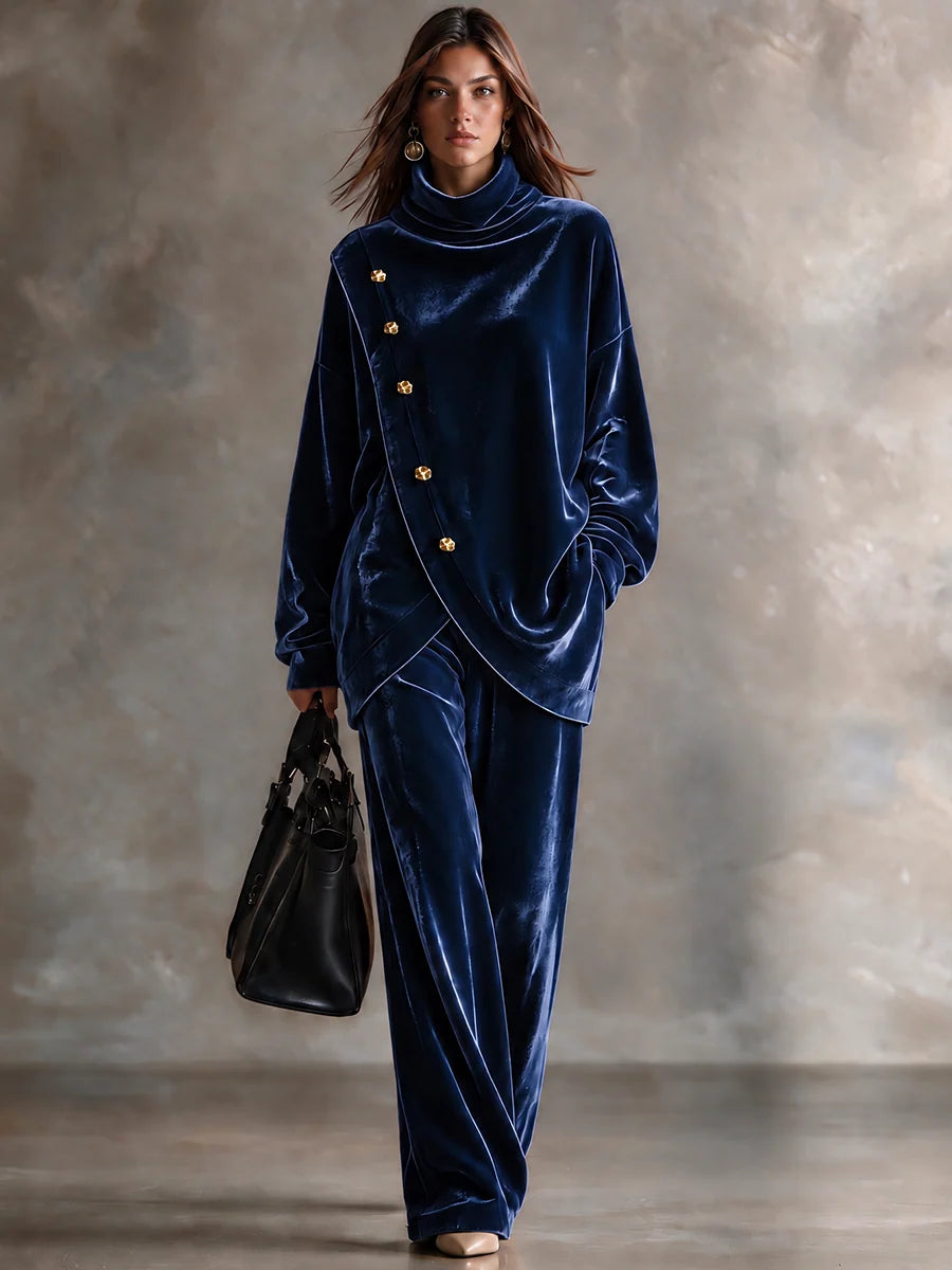 Velvet High-Neck Two-Piece Set with Asymmetric Metal Buttons