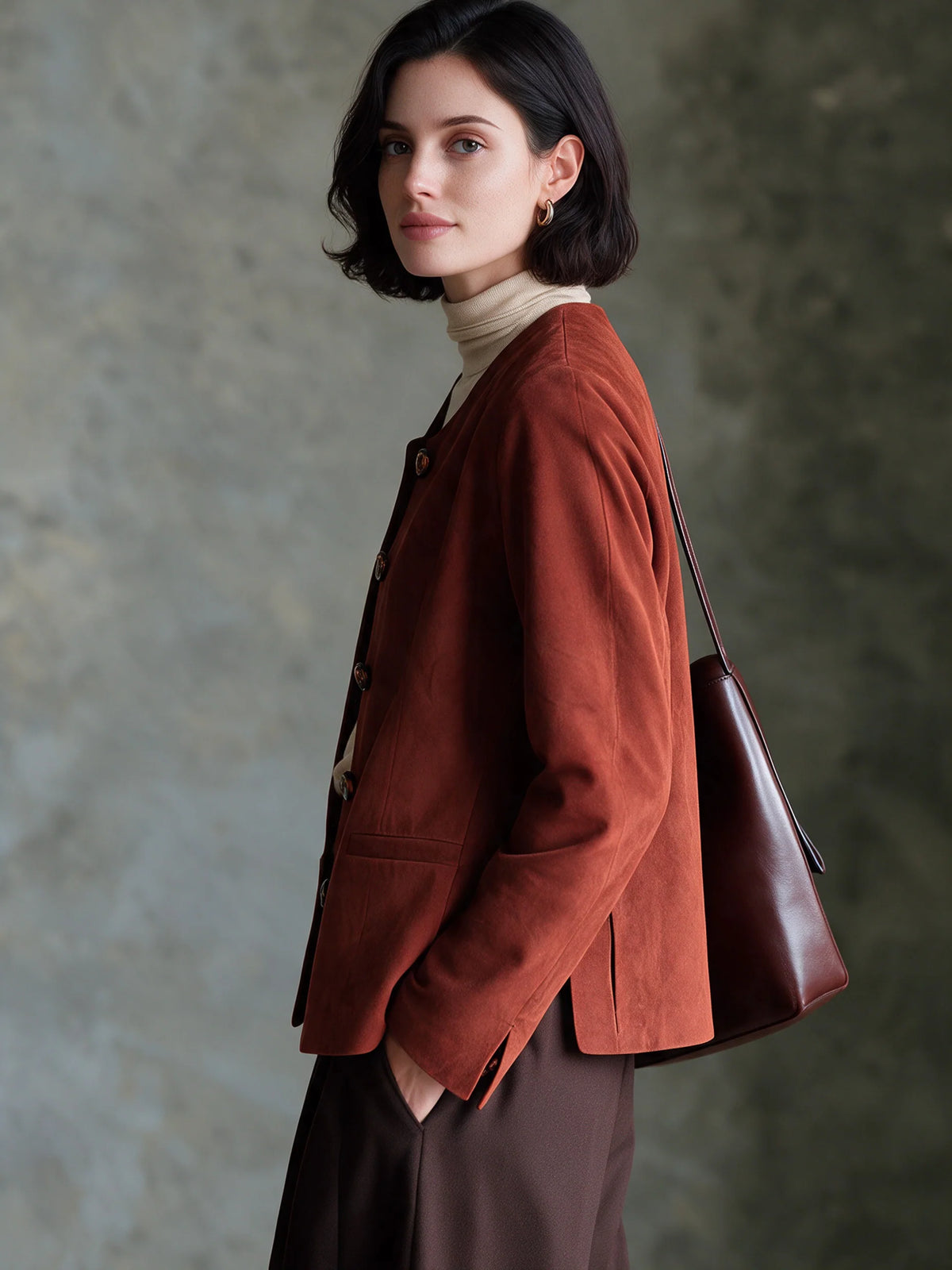Minimalist Crew-Neck Suede Jacket