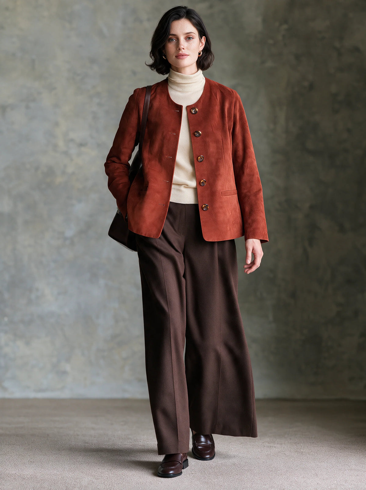 Minimalist Crew-Neck Suede Jacket