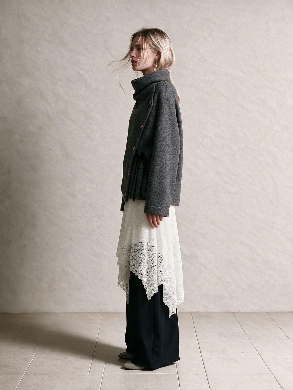 Woolen Draped Neck Asymmetric Button‑Front Jacket